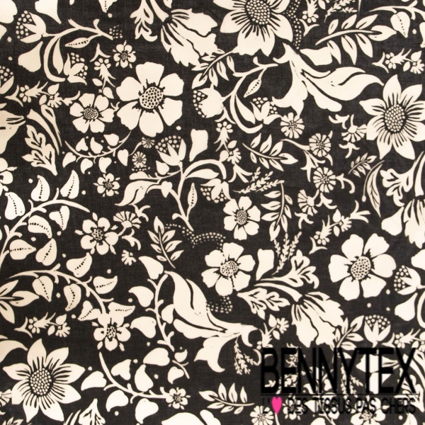 Voile de coton digital élasthanne imprimé floral cachemire blanc discret fond noir charbon