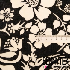 Voile de coton digital élasthanne imprimé feuille noir fond écru