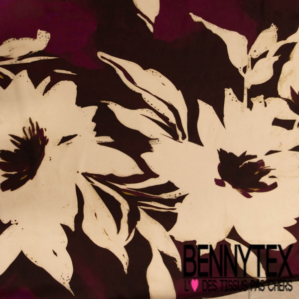 Satin polyester recyclé digital imprimé grande fleur en solarisation fond prune aquarelle