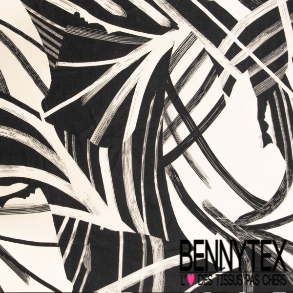Lin coton imprimé digital géométrique abstrait noir blanc cassé