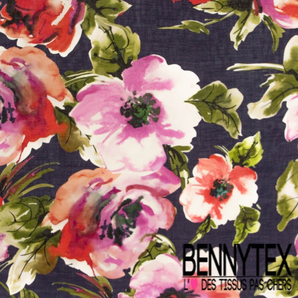 Voile fibranne viscose digital imprimé grande fleur multicolore fond bleu nuit