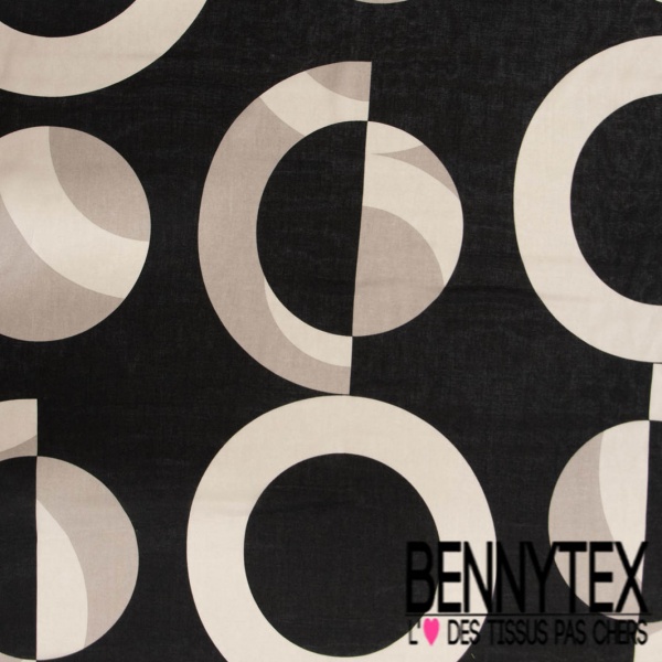 Voile fibranne viscose digital imprimé grand rond fantaisie gris clair fond noir
