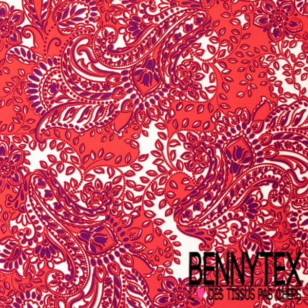 Crêpe viscose digital motif cachemire rouge blanc cassé prune