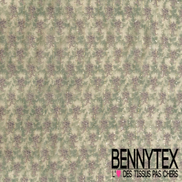Mousseline crêpon viscose soie imprimé digital floral abstrait amande fine rayure lurex or argent verticale petite laize