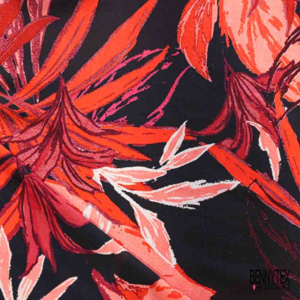 Crêpe viscose digital motif grande fleur tropicale ton rouge fushia fond noir