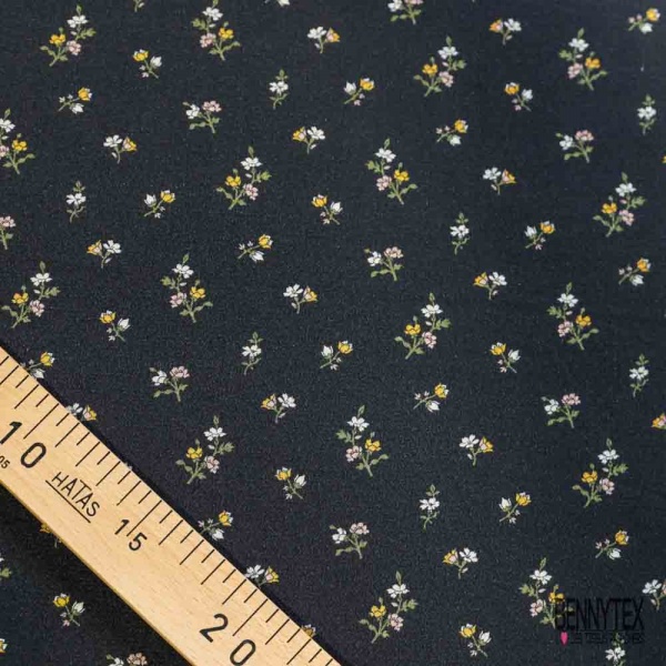 Crêpe viscose digital motif mini fleur champêtre fond noir charbon