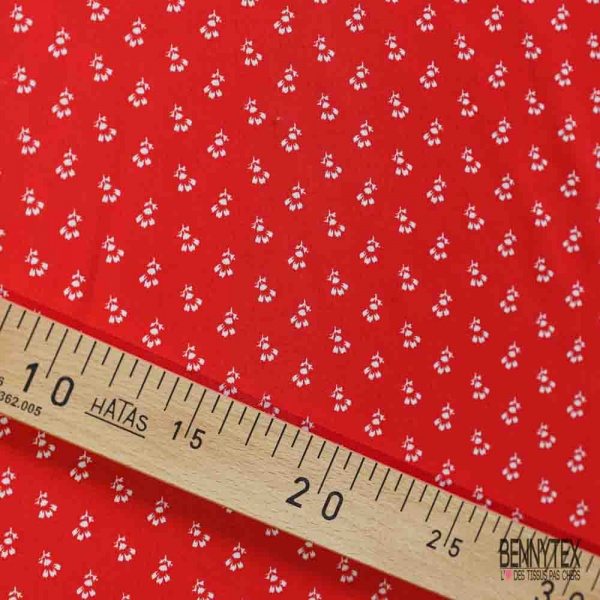 Fibranne viscose imprimé digital mini fleur champêtre blanche fond rouge