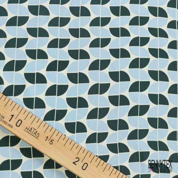 Satinette polyester imprimé géométrique abstrait seventie's sapin ciel fond blanc discret