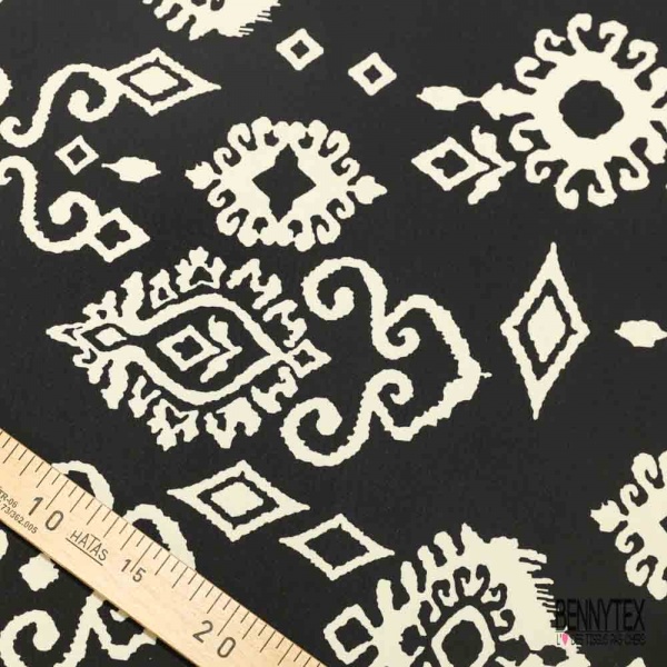 Jersey viscose imprimé digital baroque blanc cassé fond noir