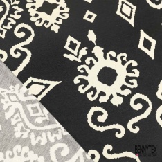 Jersey viscose imprimé digital simple base grande fleur et plante baroque aubergine rouille blanc cassé