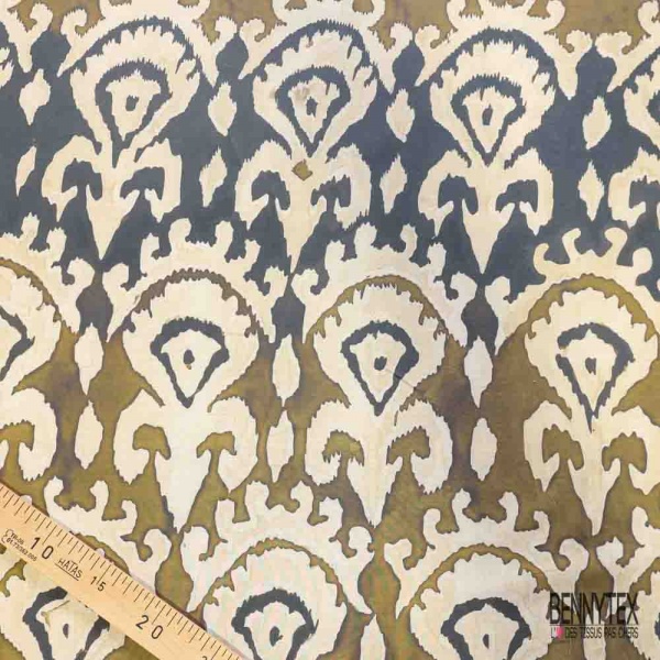 Voile de coton digital élasthanne imprimé baroque stylisé kaki noir vanille