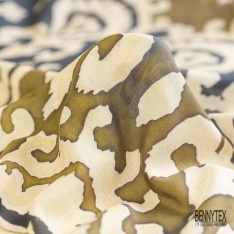 Voile de coton digital élasthanne imprimé floral cachemire blanc discret fond noir charbon