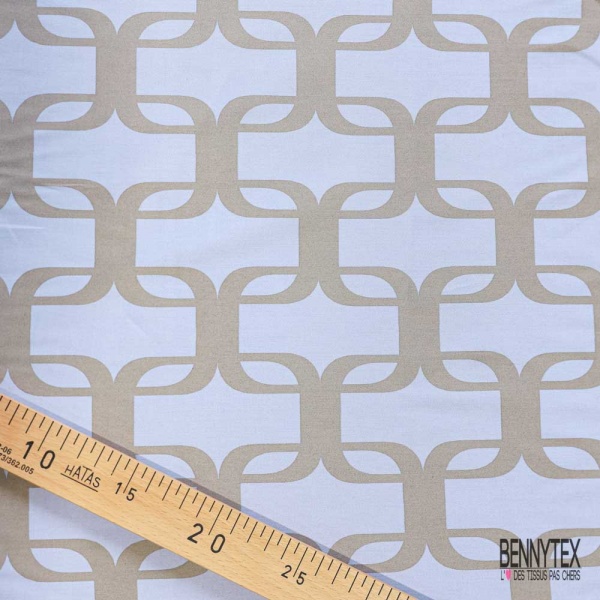 Satin coton élasthanne imprimé géométrique enchainé gris fond bleu lavande