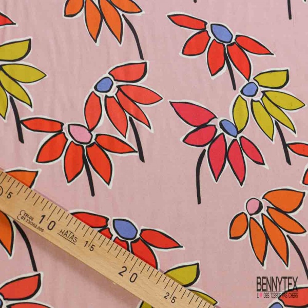 Fibranne viscose satinée imprimé digital fleur tropicale fond rose