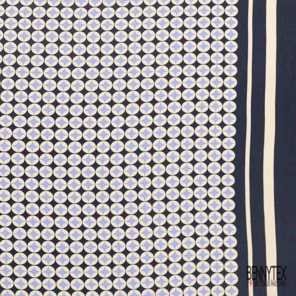 Crêpe viscose digital simple base motif abstrait géométrique ton bleu fond blanc discret