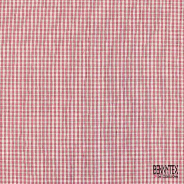 Coton seersucker motif petit vichy blanc discret framboise écrasée contour bleu lavande