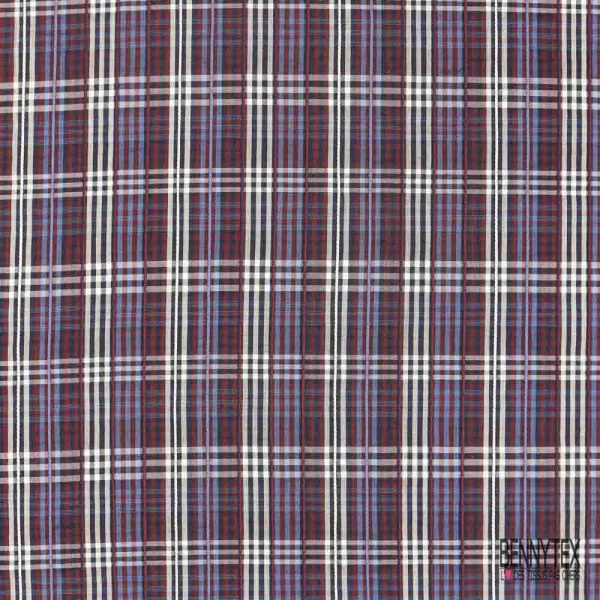 Coton tissé teint élasthanne motif quadrillage bleu nuit bordeaux blanc pervenche