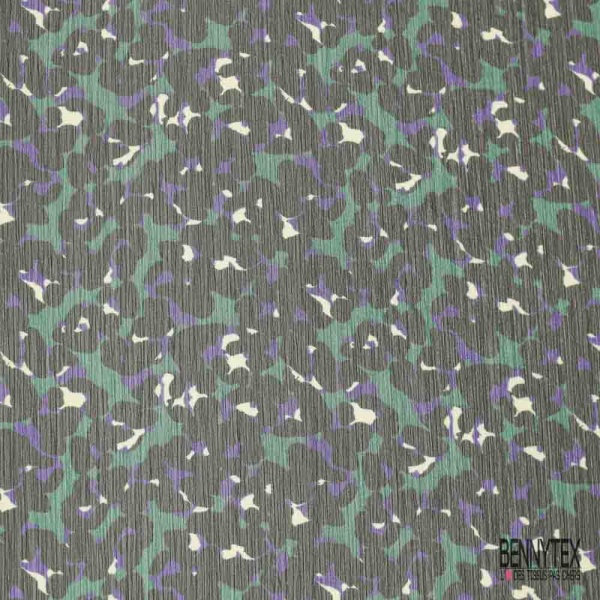 Coupon 3m mousseline crêpon imprimé floral stylisé noir émeraude blanc optique violet