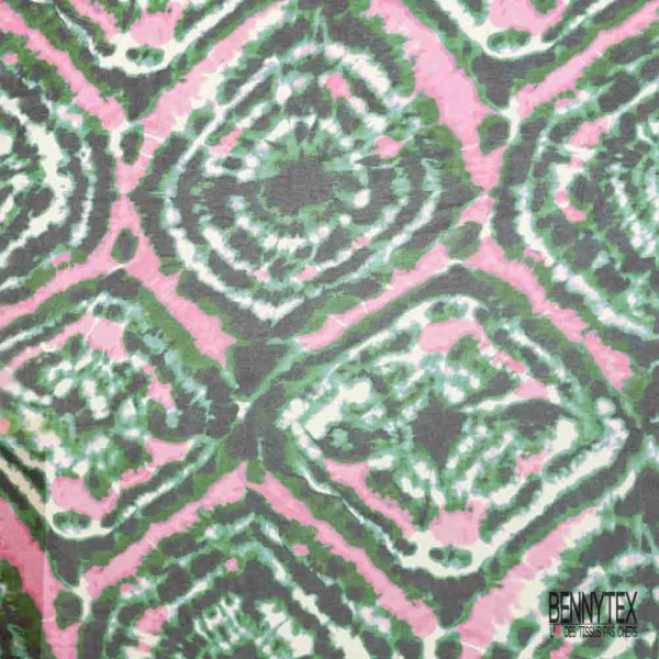Coupon 3m mousseline imprimé losange seventie's tie and dye ton vert rose marine blanc optique