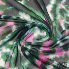 Coupon 3m mousseline crêpon satin imprimé floral stylisé noir émeraude blanc optique violet