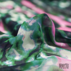 Coupon 3m mousseline crêpon satin imprimé floral stylisé noir émeraude blanc optique violet