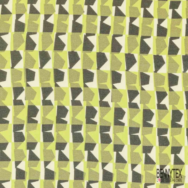 Crêpe voile viscose imprimé géométrique seventie's kaki olive noir anis fond blanc discret