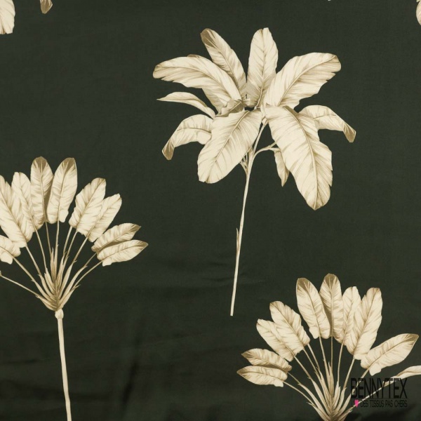 Satin viscose imprimé digital éventail de plume fond vert anglais profond