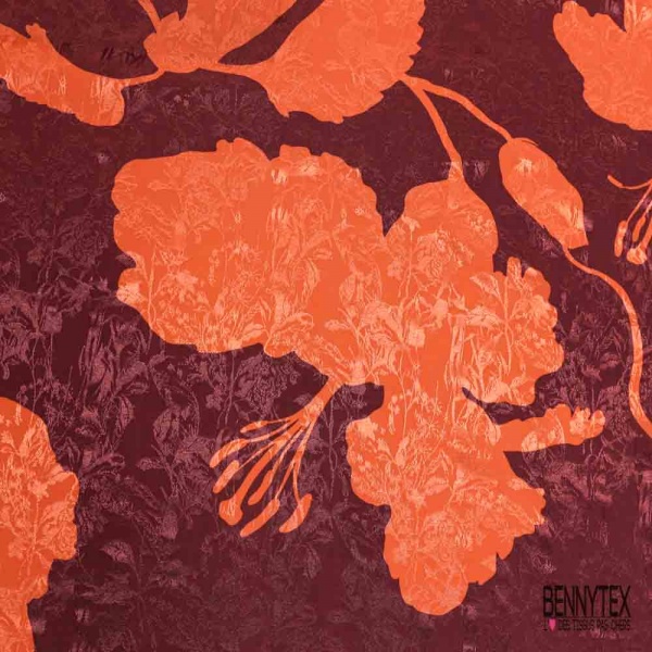 Crêpe viscose jacquard digital imprimé grande fleur mandarine fond bordeaux