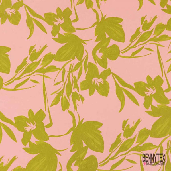 Popeline coton élasthanne digital imprimé floral citron vert fond rose trémière