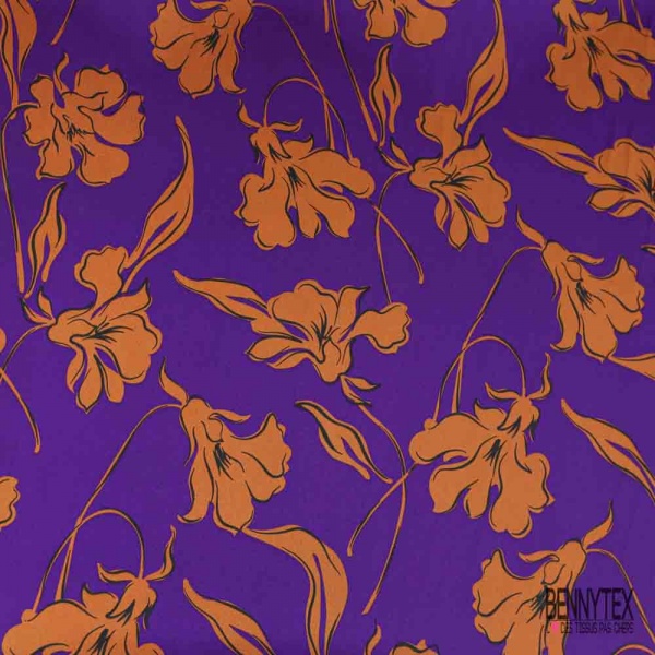 Satinette polyester digitale motif floral stylisé cannelle fond violet