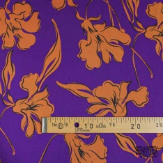 Twill satin polyester digitale motif pavot au trait fond pétrole