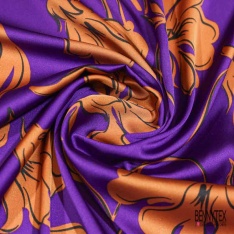 Twill satin polyester digitale motif pavot au trait fond pétrole