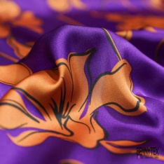 Twill satin polyester digitale motif pavot au trait fond pétrole