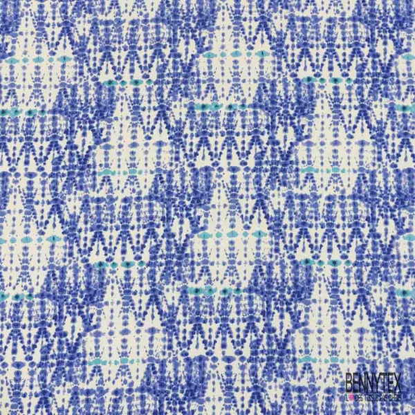 Crêpe viscose digital simple base motif abstrait géométrique ton bleu fond blanc discret