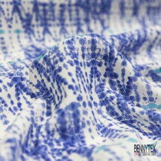 Crêpe viscose digital simple base motif abstrait géométrique ton bleu fond blanc discret