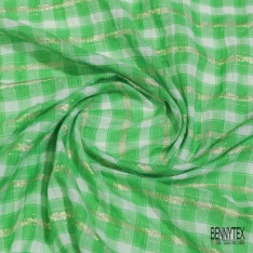 Coton seersucker motif petit vichy blanc discret framboise écrasée contour bleu lavande