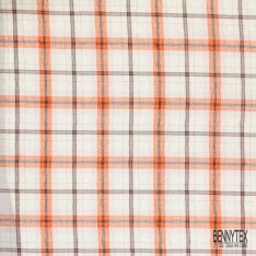 Coton seersucker motif grand quadrillage bleu ocre noir fond blanc optique