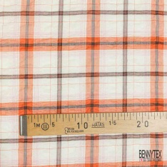 Coton seersucker motif grand quadrillage bleu ocre noir fond blanc optique