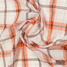 Coton seersucker motif grand quadrillage bleu ocre noir fond blanc optique