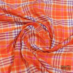 Coton seersucker motif grand quadrillage mandarin chocolat fond blanc optique