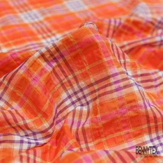 Coton seersucker motif grand quadrillage mandarin chocolat fond blanc optique