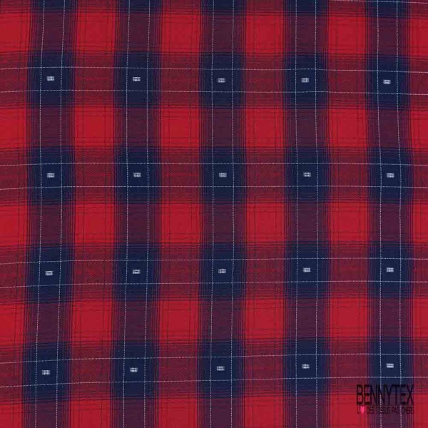 Coton gratté tissé teint motif écossais rouge cerie bleu nuit blanc optique