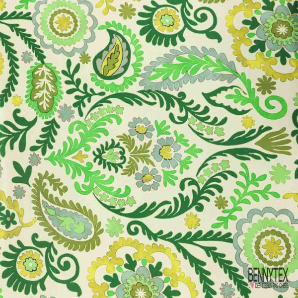 Twill satin polyester digitale motif floral cachemire ton vert fond blanc cassé