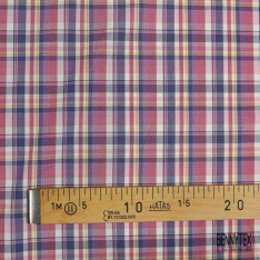Coton tissé teint imprimé tartan céruleum rose fluo jaune blanc discret