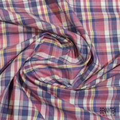 Coton tissé teint imprimé tartan céruleum rose fluo jaune blanc discret