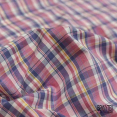 Coton tissé teint imprimé tartan céruleum rose fluo jaune blanc discret