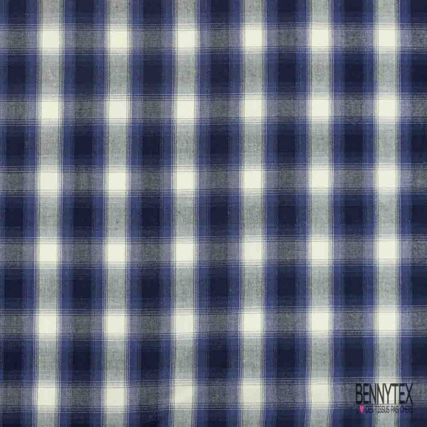 Coton tissé teint élasthanne imprimé tartan noir marine blanc discret
