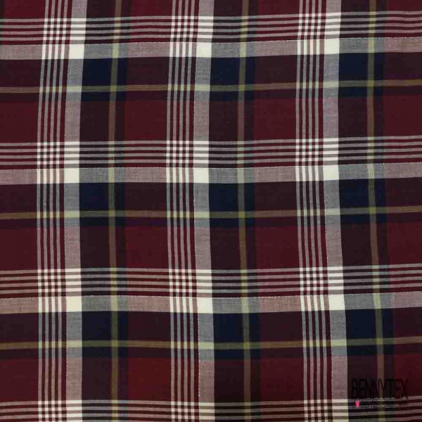 Coton viscose tissé teint tartan bordeaux marine blanc discret lurex argent