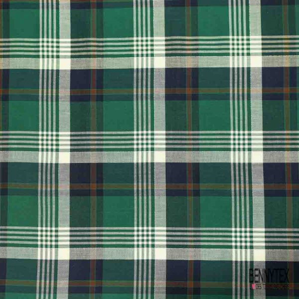 Coton viscose tissé teint tartan sapin marine blanc discret lurex argent