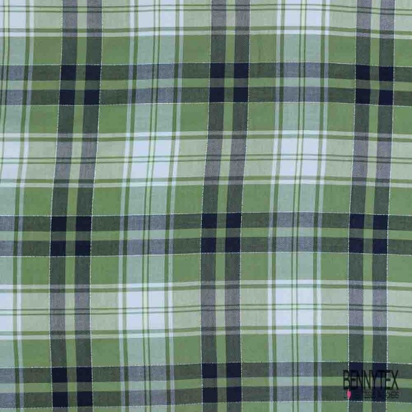Coton viscose tissé teint tartan bleu nuit tilleul bleu ciel pastel lurex ciel